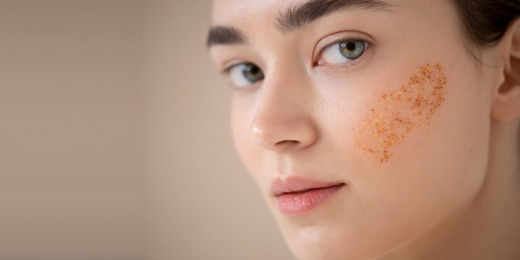 girl with applied exfoliator on her left cheek