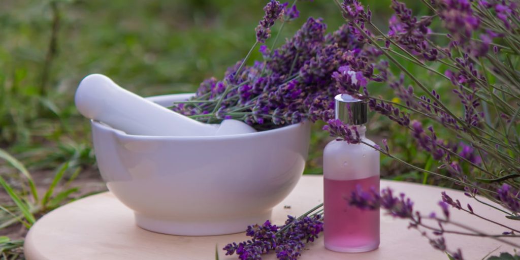 Lavender oil for hair on the table