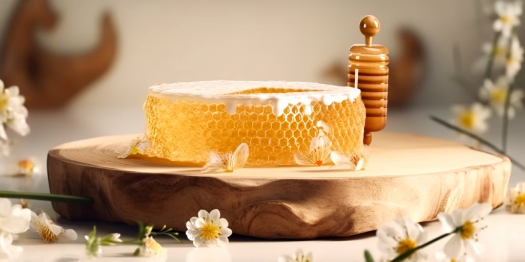 Honeycomb on wood with honey dipper
