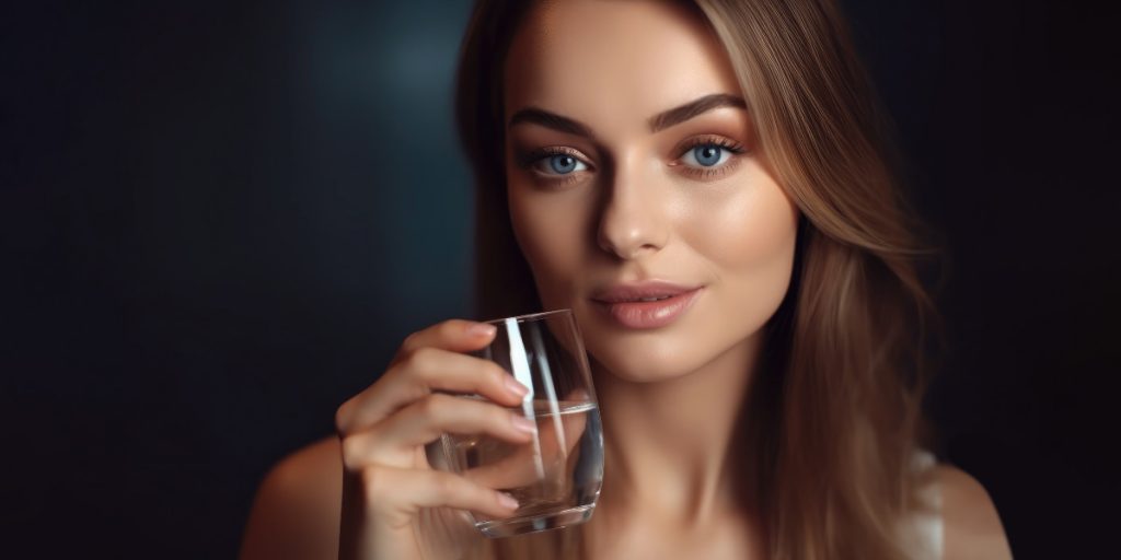 Woman with glass showcasing distilled water